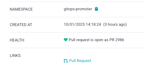 Screenshot of Argo CD resource details page. There are several rows of information, and the bottom one is "Links". There is a "Pull Request" link in the links section.